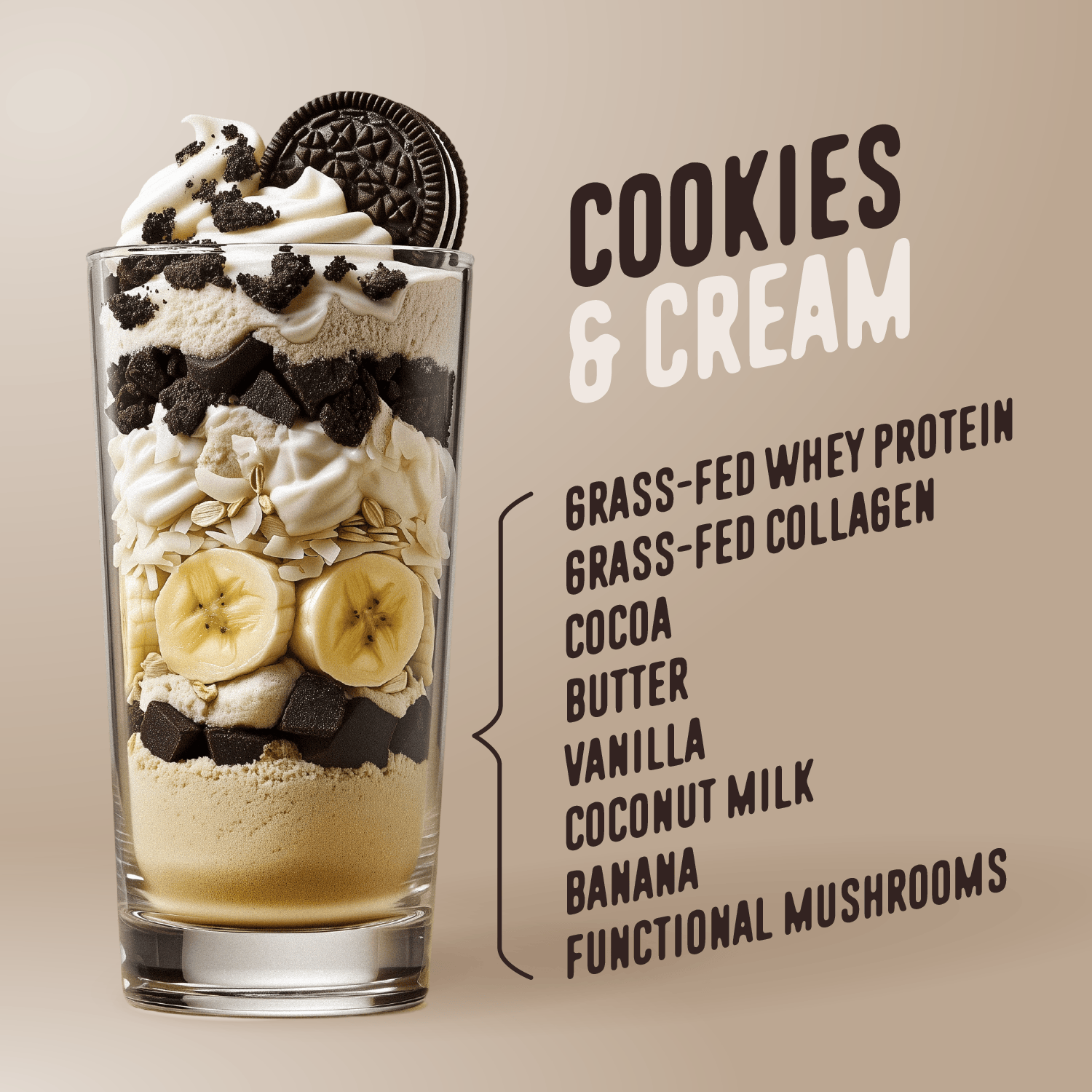 A tall glass of Shop FlavCity's Cookies & Cream Protein Smoothie parfait is topped with whipped cream, banana slices, crumbled cookies, and an Oreo. Ingredients beside it: whey protein, collagen, cocoa, and more.