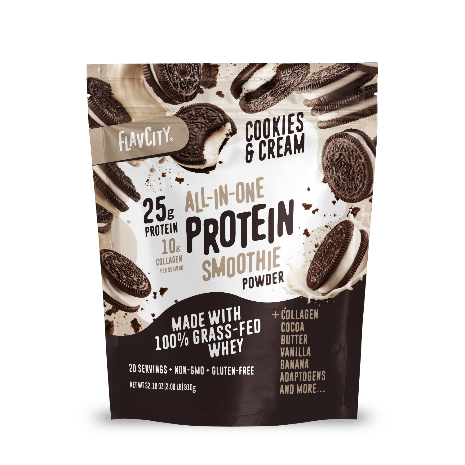 A stand-up pouch of Shop FlavCity Cookies & Cream Protein Smoothie displays sandwich cookies and highlights 25g protein, collagen, grass-fed whey—everything you need for a high protein smoothie.