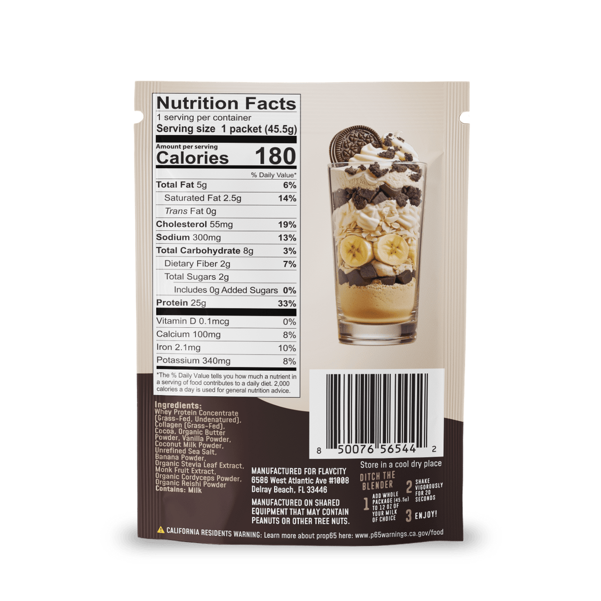 Back of a Shop FlavCity Protein Smoothie Single-Serve Cookies & Cream pouch with nutrition facts, barcode, and an image of a banana and cookie parfait in a glass. Ingredients, protein powder info, and manufacturer details appear below.