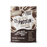 Shop FlavCity Protein Smoothie Single-Serve Cookies & Cream features 25g protein, 10g collagen, grass-fed whey, adaptogens, non-GMO and gluten-free; packaging shows cookies and creamy splash.