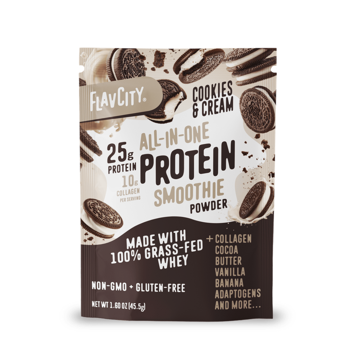 Shop FlavCity Protein Smoothie Single-Serve Cookies & Cream features 25g protein, 10g collagen, grass-fed whey, adaptogens, non-GMO and gluten-free; packaging shows cookies and creamy splash.