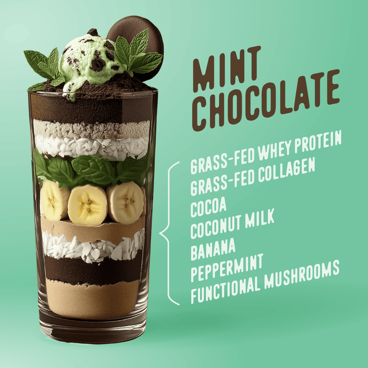 A glass parfait featuring Shop FlavCity's Mint Chocolate Protein Smoothie, made with cocoa, coconut milk, banana, peppermint, and functional mushrooms; layered with grass-fed whey and collagen, then topped with mint leaves and a chocolate cookie.