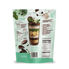 Shop FlavCity Mint Chocolate Protein Smoothie mix pouch features a graphic of chocolate, banana slices, greens, and protein in a glass. Made with collagen and grass-fed whey. Nutrition facts and prep instructions shown on the back.