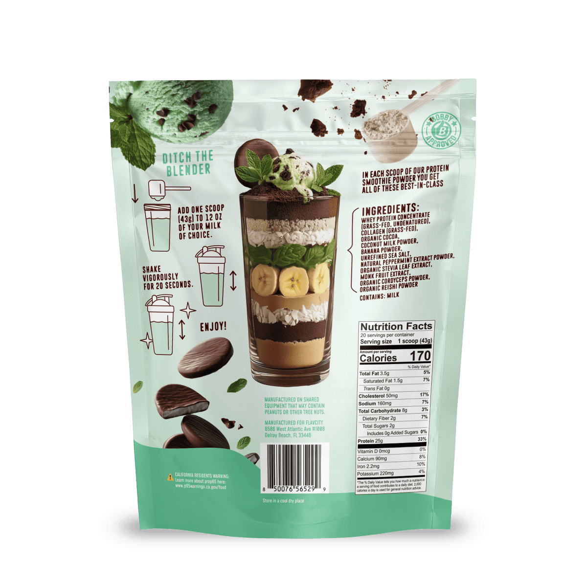 Shop FlavCity Mint Chocolate Protein Smoothie mix pouch features a graphic of chocolate, banana slices, greens, and protein in a glass. Made with collagen and grass-fed whey. Nutrition facts and prep instructions shown on the back.