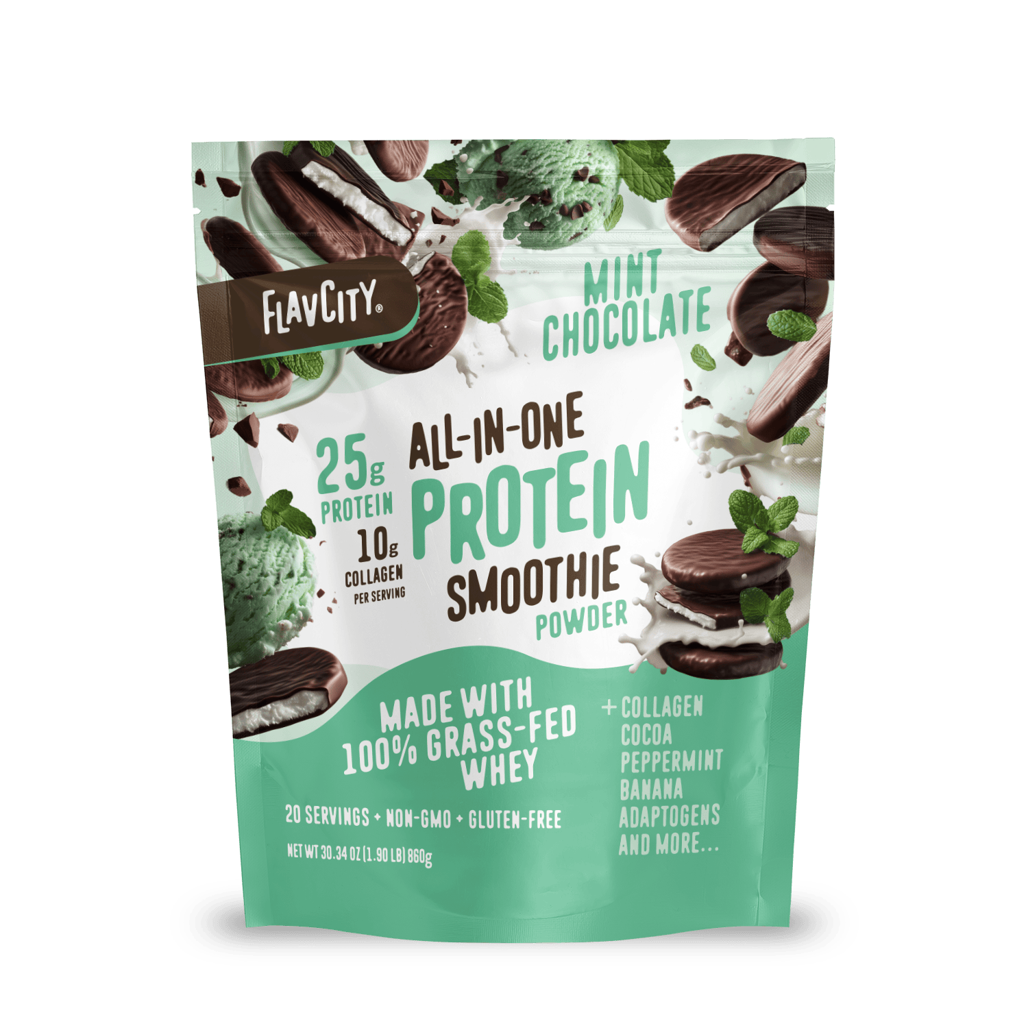 A mint green and white pouch from Shop FlavCity labeled Mint Chocolate Protein Smoothie, with images of mint leaves, chocolate cookies, and ice cream. Contains 25g protein, 10g collagen, and premium grass-fed whey.