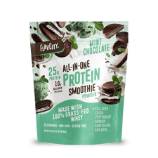 A mint green and white pouch from Shop FlavCity labeled Mint Chocolate Protein Smoothie, with images of mint leaves, chocolate cookies, and ice cream. Contains 25g protein, 10g collagen, and premium grass-fed whey.