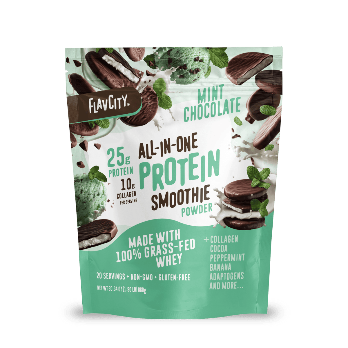 A mint green and white pouch from Shop FlavCity labeled Mint Chocolate Protein Smoothie, with images of mint leaves, chocolate cookies, and ice cream. Contains 25g protein, 10g collagen, and premium grass-fed whey.