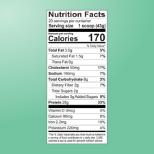 Shop FlavCity Mint Chocolate Protein Smoothie (1 scoop/43g) has 170 calories, 3.5g fat, 50mg cholesterol, 160mg sodium, 8g carbs, 2g sugar, 2g fiber, and 25g protein from grass-fed whey/collagen plus calcium, iron & potassium.
