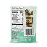 Back of Shop FlavCity Protein Smoothie Single-Serve Mint Chocolate package displays nutrition facts and ingredients, with 170 calories per serving, next to a parfait image layered with bananas, chocolate, mint leaves, and the protein packet.