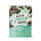 A Shop FlavCity Protein Smoothie Single-Serve Mint Chocolate pouch featuring mint leaves, chocolate pieces, ice cream on the packaging, and highlighting 25g protein, 10g collagen, grass-fed whey, and organic butter powder.