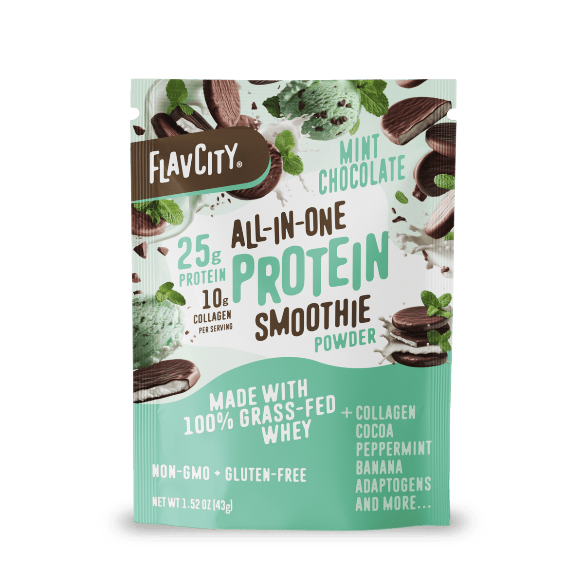 A Shop FlavCity Protein Smoothie Single-Serve Mint Chocolate pouch featuring mint leaves, chocolate pieces, ice cream on the packaging, and highlighting 25g protein, 10g collagen, grass-fed whey, and organic butter powder.
