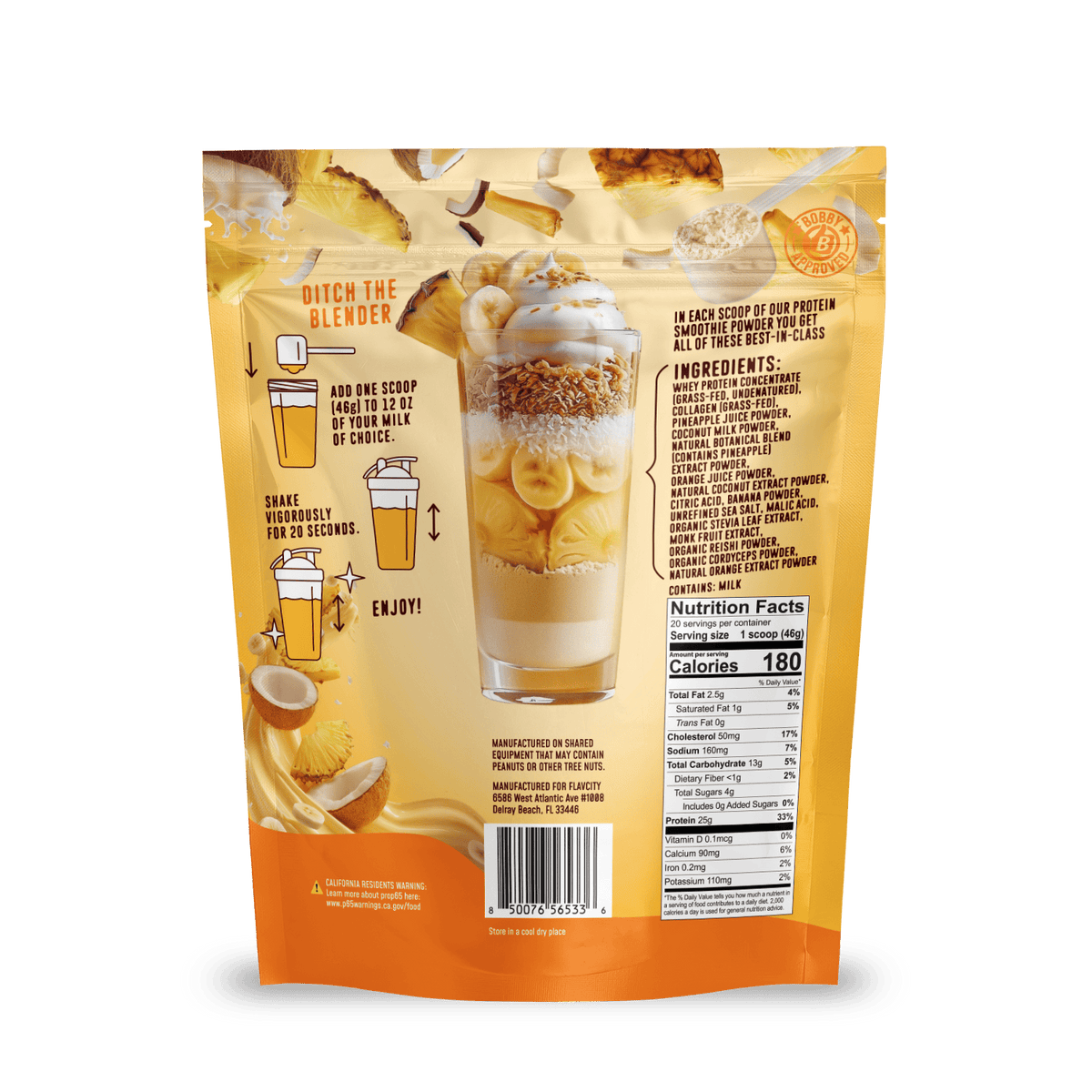 A yellow and orange Shop FlavCity Pineapple Coconut Protein Smoothie mix package displays a layered smoothie, preparation instructions, nutrition facts, ingredients, and images of bananas, pineapple, and coconut pieces on the back.