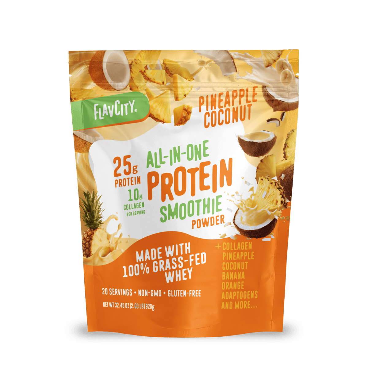 A vibrant pouch labeled Shop FlavCity Pineapple Coconut Protein Smoothie shows pineapple, coconut, and banana images, highlighting grass-fed whey protein and 10g collagen protein per serving on the front.