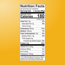 Nutrition facts label on yellow for Shop FlavCity Pineapple Coconut Protein Smoothie, per 1 scoop (46g): 180 calories, 2.5g fat, 50mg cholesterol, 160mg sodium, 3g carbs, 25g protein, plus vitamins and minerals.