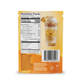 Back of Shop FlavCity’s Protein Smoothie Single-Serve Pineapple Coconut packet displays nutrition facts, barcode, and a parfait suggestion with bananas, granola, coconut, and pineapple. Manufacturer info is at the bottom.