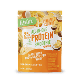 Shop FlavCity Protein Smoothie Single-Serve Pineapple Coconut features 25g protein, 10g collagen, grass-fed whey, non-GMO ingredients, and is gluten-free—delicious nutrition in a convenient single-serving packet.
