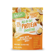 Shop FlavCity Protein Smoothie Single-Serve Pineapple Coconut features 25g protein, 10g collagen, grass-fed whey, non-GMO ingredients, and is gluten-free—delicious nutrition in a convenient single-serving packet.