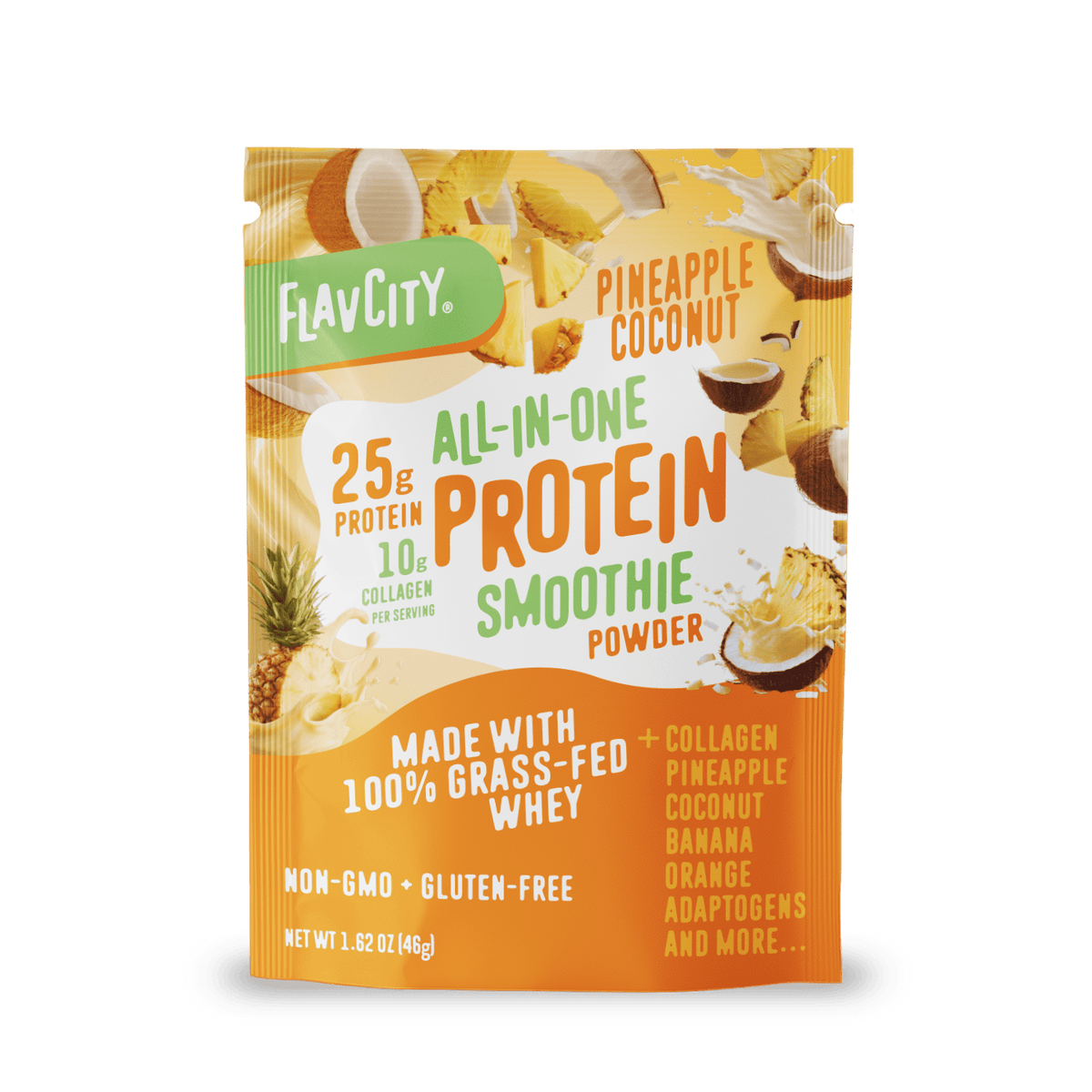 Shop FlavCity Protein Smoothie Single-Serve Pineapple Coconut features 25g protein, 10g collagen, grass-fed whey, non-GMO ingredients, and is gluten-free—delicious nutrition in a convenient single-serving packet.