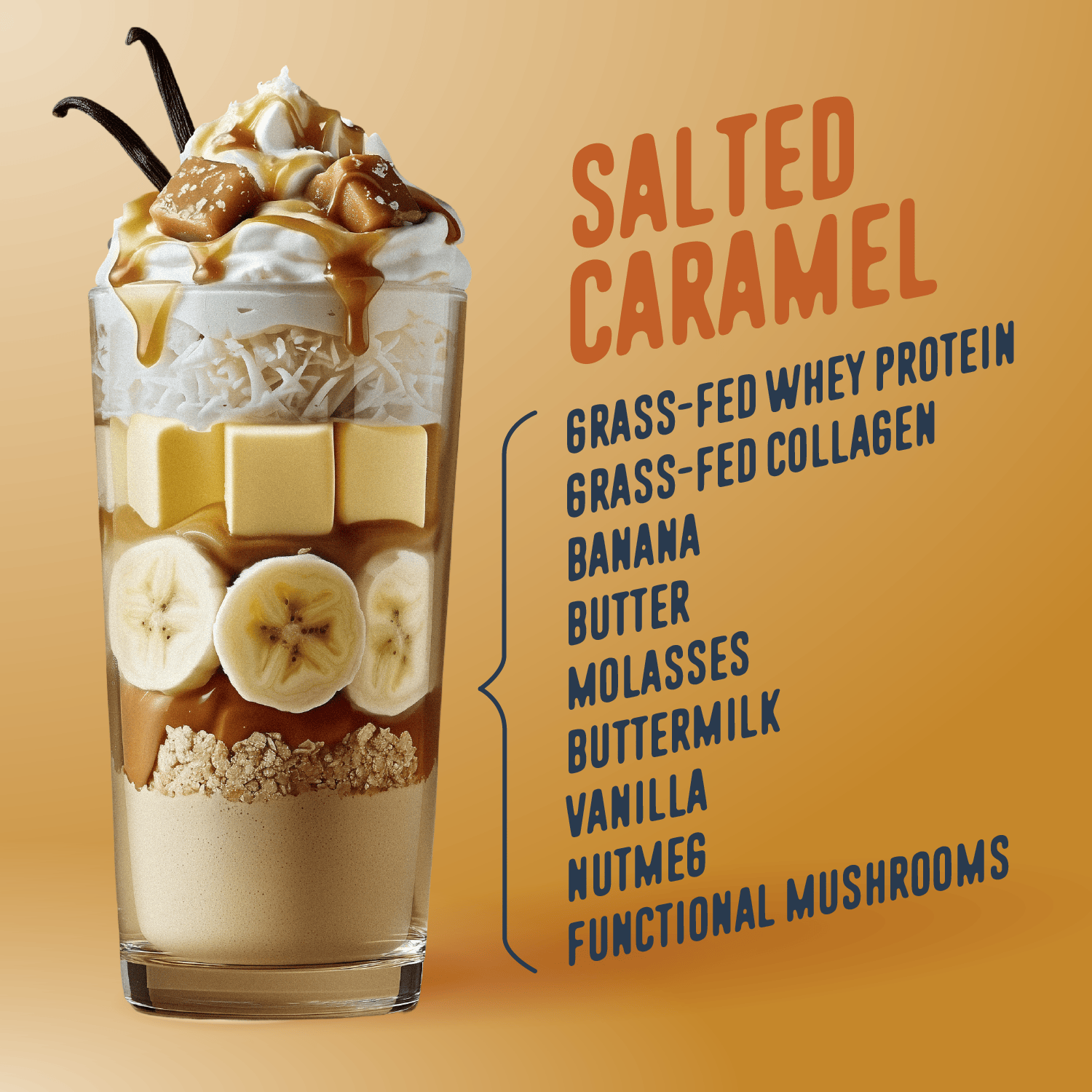 A tall glass of Shop FlavCity's Salted Caramel Protein Smoothie is topped with whipped cream, caramel drizzle, banana slices, white chocolate pieces, and coconut. Grass-fed whey and other ingredients are listed beside the glass on an orange background.