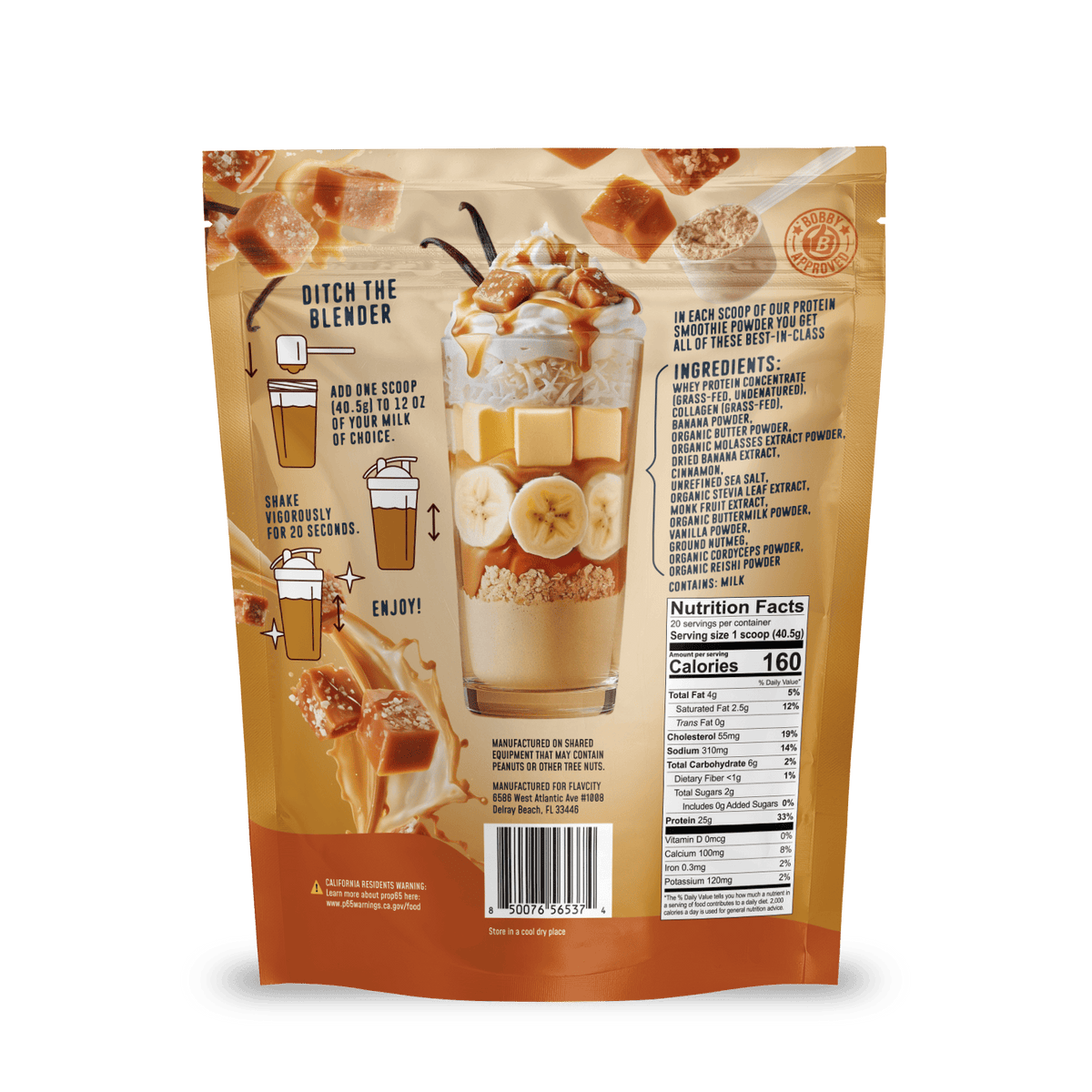 Back of a Shop FlavCity Salted Caramel Protein Smoothie pack features a caramel banana shake illustration, prep instructions, nutrition facts, ingredients list, and images of caramel pieces, banana slices, and a grass-fed whey milkshake.
