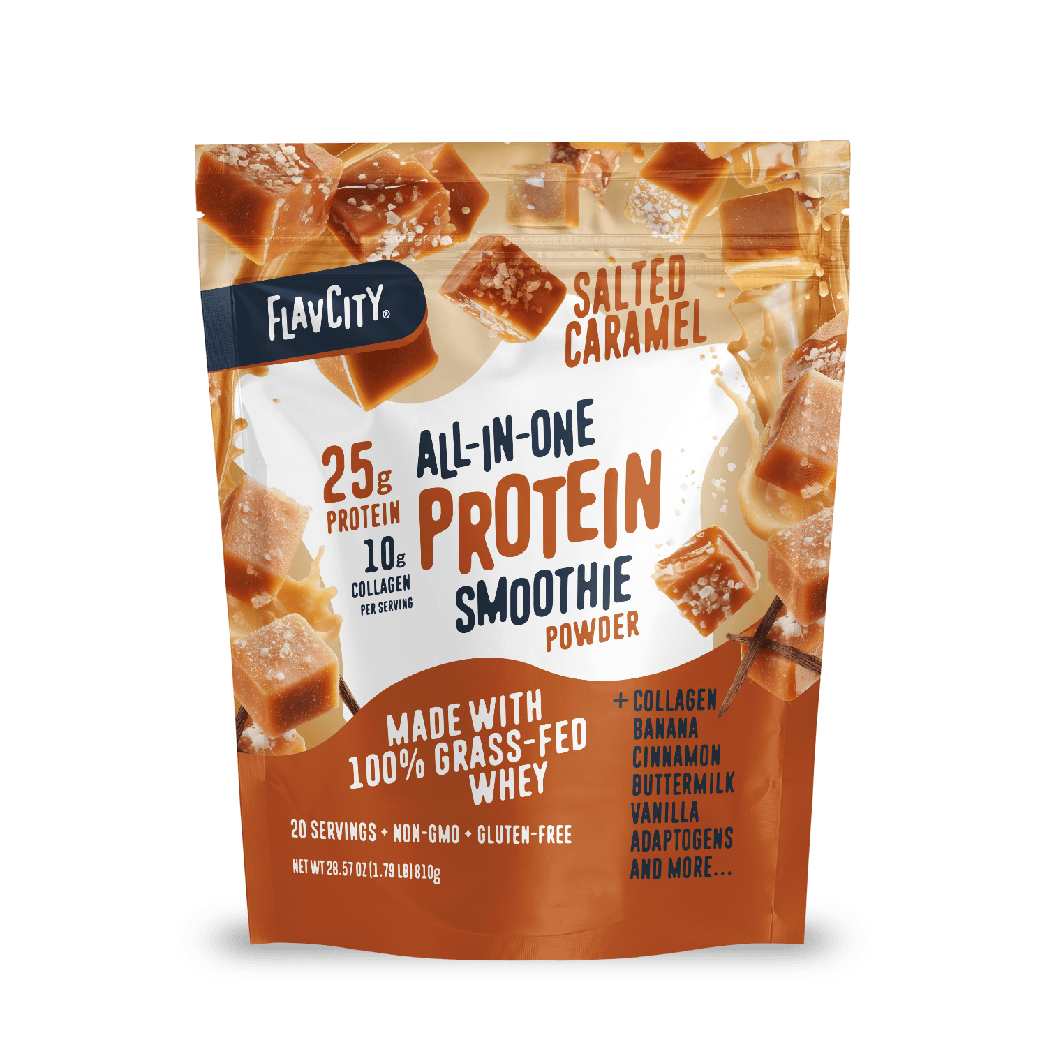 Shop FlavCity’s Salted Caramel Protein Smoothie features caramel pieces and highlights 25g collagen protein, grass-fed whey, non-GMO, gluten-free ingredients, and more on its pouch.
