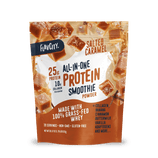 Shop FlavCity’s Salted Caramel Protein Smoothie features caramel pieces and highlights 25g collagen protein, grass-fed whey, non-GMO, gluten-free ingredients, and more on its pouch.