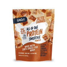 Shop FlavCity’s Salted Caramel Protein Smoothie features caramel pieces and highlights 25g collagen protein, grass-fed whey, non-GMO, gluten-free ingredients, and more on its pouch.