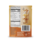 The Shop FlavCity Protein Smoothie Single-Serve Salted Caramel packet shows nutrition facts and an image of a dessert glass with bananas, caramel, and whipped topping. Each 1-packet serving has 160 calories. Barcode appears at the bottom.