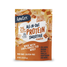 Shop FlavCity Protein Smoothie Single-Serve Salted Caramel offers 25g protein, 10g collagen, grass-fed whey; it's non-GMO and gluten-free—perfect for a single-serving protein boost.
