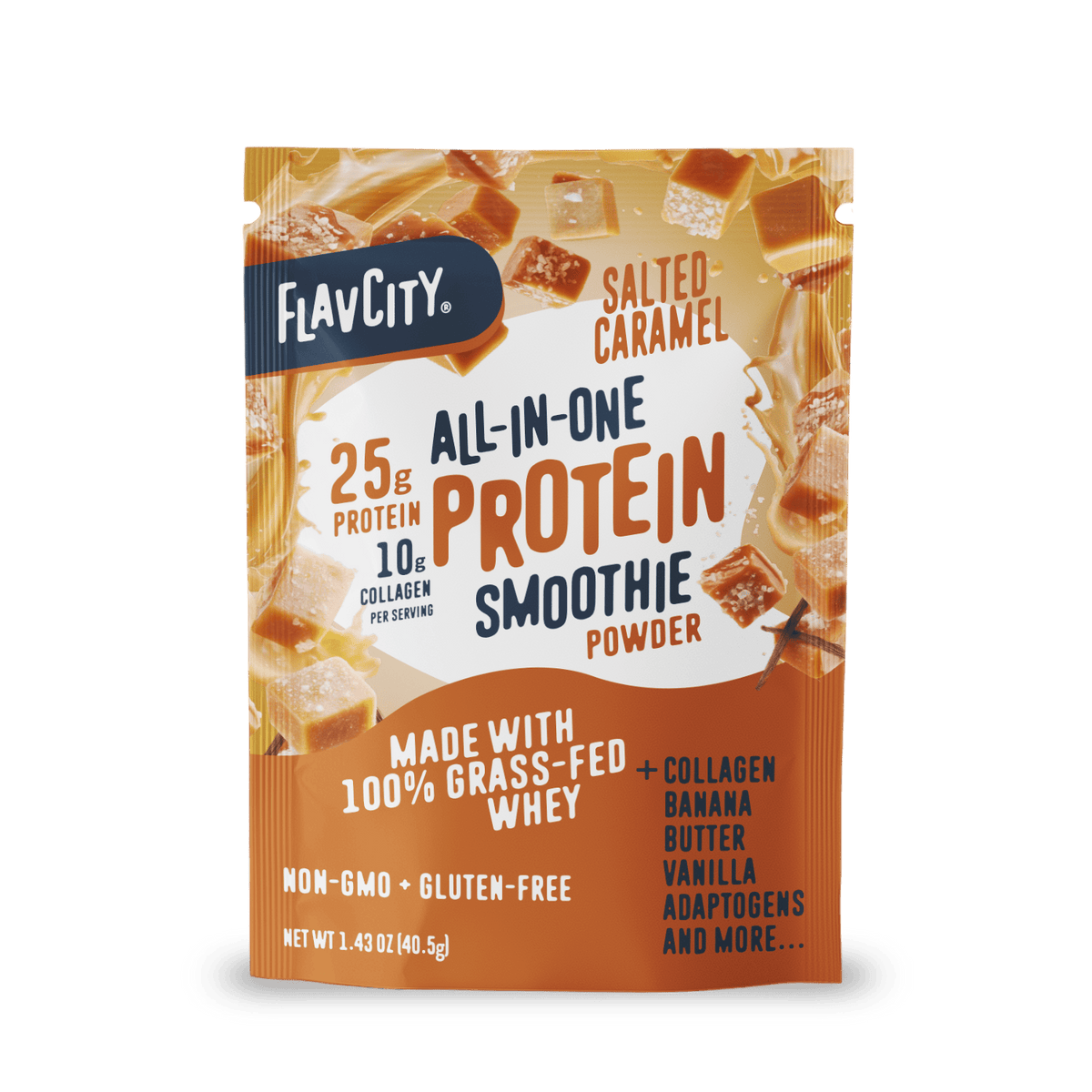 Shop FlavCity Protein Smoothie Single-Serve Salted Caramel offers 25g protein, 10g collagen, grass-fed whey; it's non-GMO and gluten-free—perfect for a single-serving protein boost.