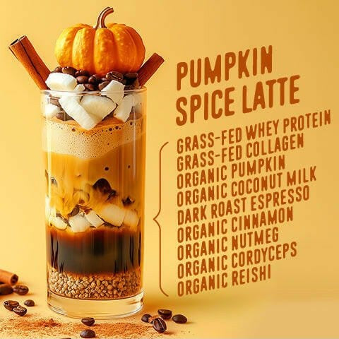 Glass of flavcity pumpkin spice latte topped with whipped cream, coffee beans, cinnamon stick, and a mini pumpkin, with ingredient list on a yellow background.