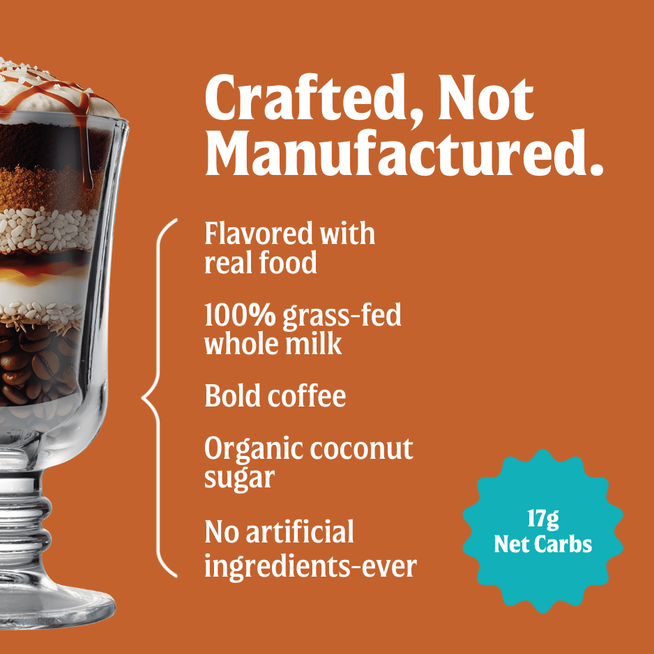 A glass of FlavCity Cafe Salted Caramel Macchiato sits beside text: crafted, not manufactured, made with real food, grass-fed whole milk, real coffee, organic coconut sugar, no artificial ingredients, and 17g net carbs.
