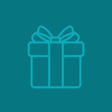A simple teal outline of a gift box with ribbon and bow, centered on a solid teal background—ideal for illustrating email delivery of the Shop FlavCity Gift Card from Shop FlavCity.