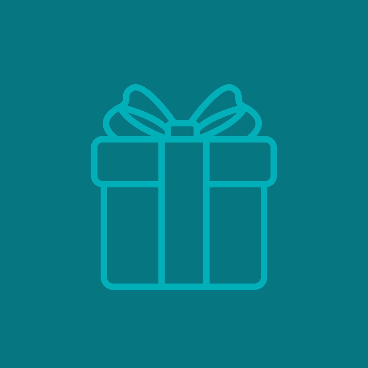 A simple teal outline of a gift box with ribbon and bow, centered on a solid teal background—ideal for illustrating email delivery of the Shop FlavCity Gift Card from Shop FlavCity.