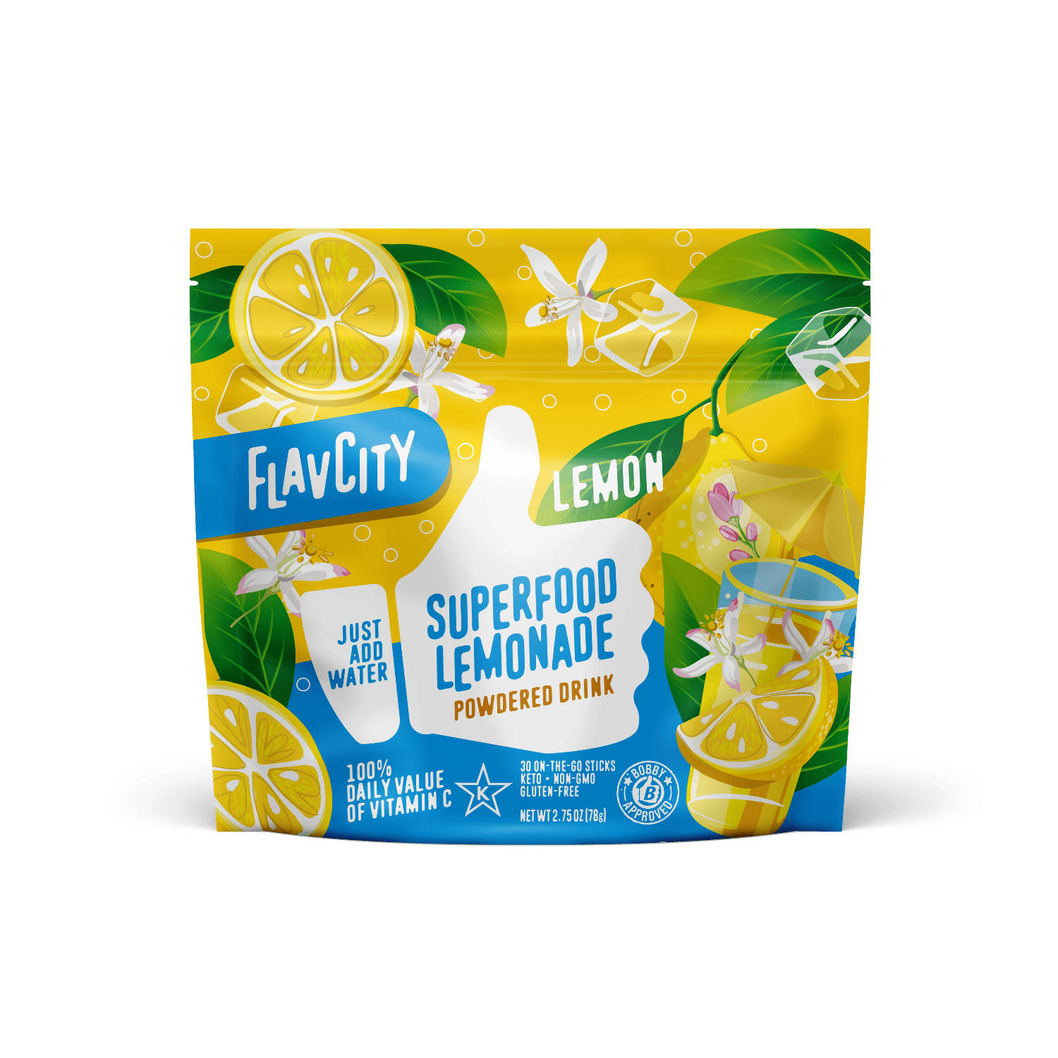 FlavCity Superfood Lemonade powder drink package on a white background