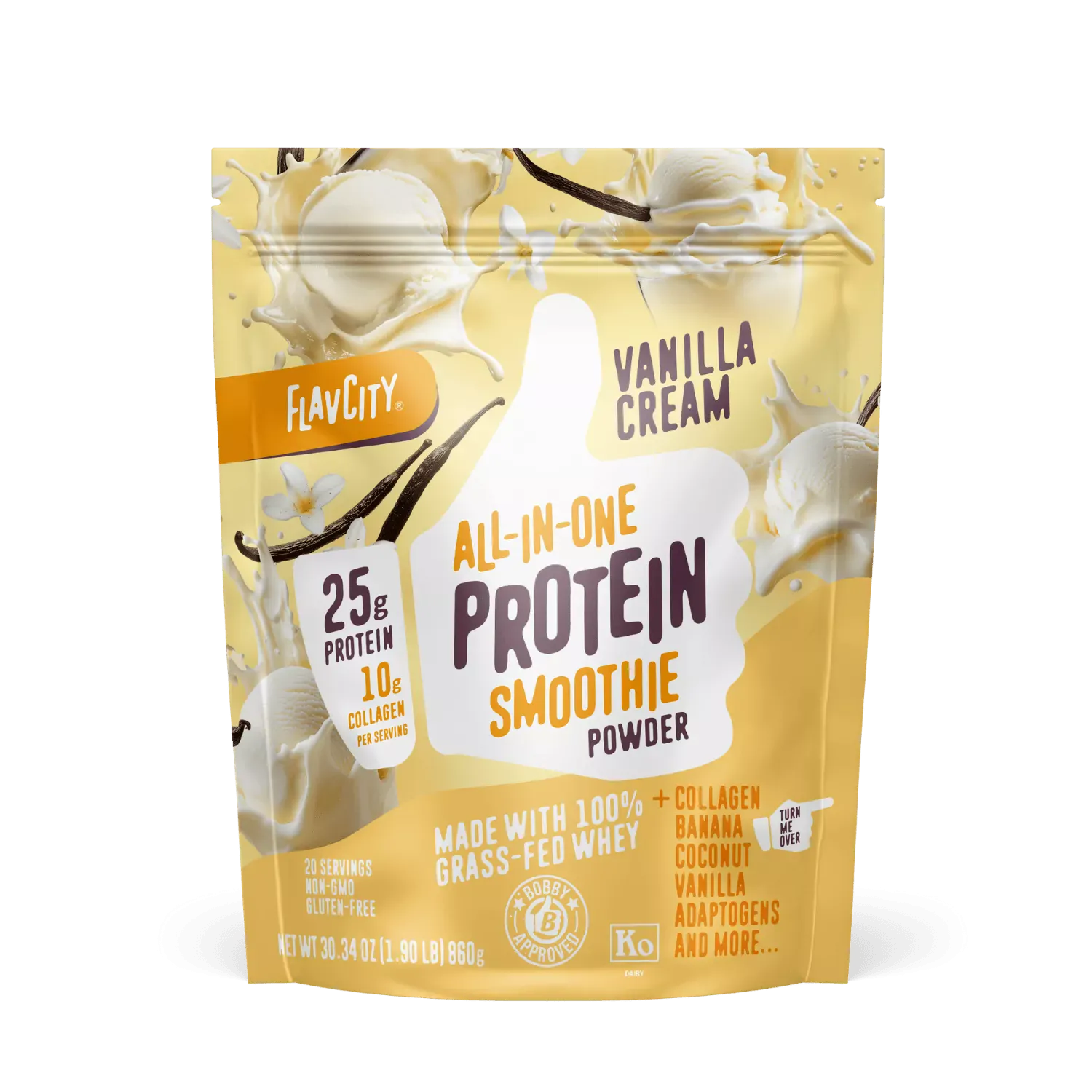 A yellow and cream pouch of Shop FlavCity Vanilla Cream Protein Smoothie, highlighting 25g protein, 10g collagen, banana, coconut, and vanilla, with images of vanilla flowers and ice cream on the packaging.