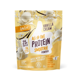 A yellow and cream pouch of Shop FlavCity Vanilla Cream Protein Smoothie, highlighting 25g protein, 10g collagen, banana, coconut, and vanilla, with images of vanilla flowers and ice cream on the packaging.