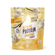A yellow and cream pouch of Shop FlavCity Vanilla Cream Protein Smoothie, highlighting 25g protein, 10g collagen, banana, coconut, and vanilla, with images of vanilla flowers and ice cream on the packaging.