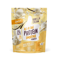 A yellow and cream pouch of Shop FlavCity Vanilla Cream Protein Smoothie, highlighting 25g protein, 10g collagen, banana, coconut, and vanilla, with images of vanilla flowers and ice cream on the packaging.