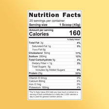 Nutrition facts for Shop FlavCity Vanilla Cream Protein Smoothie: 1 scoop (43g) per serving, 160 calories, 3g fat, 17g carbs, 25g protein, plus cholesterol, sodium, calcium, iron, potassium, and vitamins. Yellow background label.