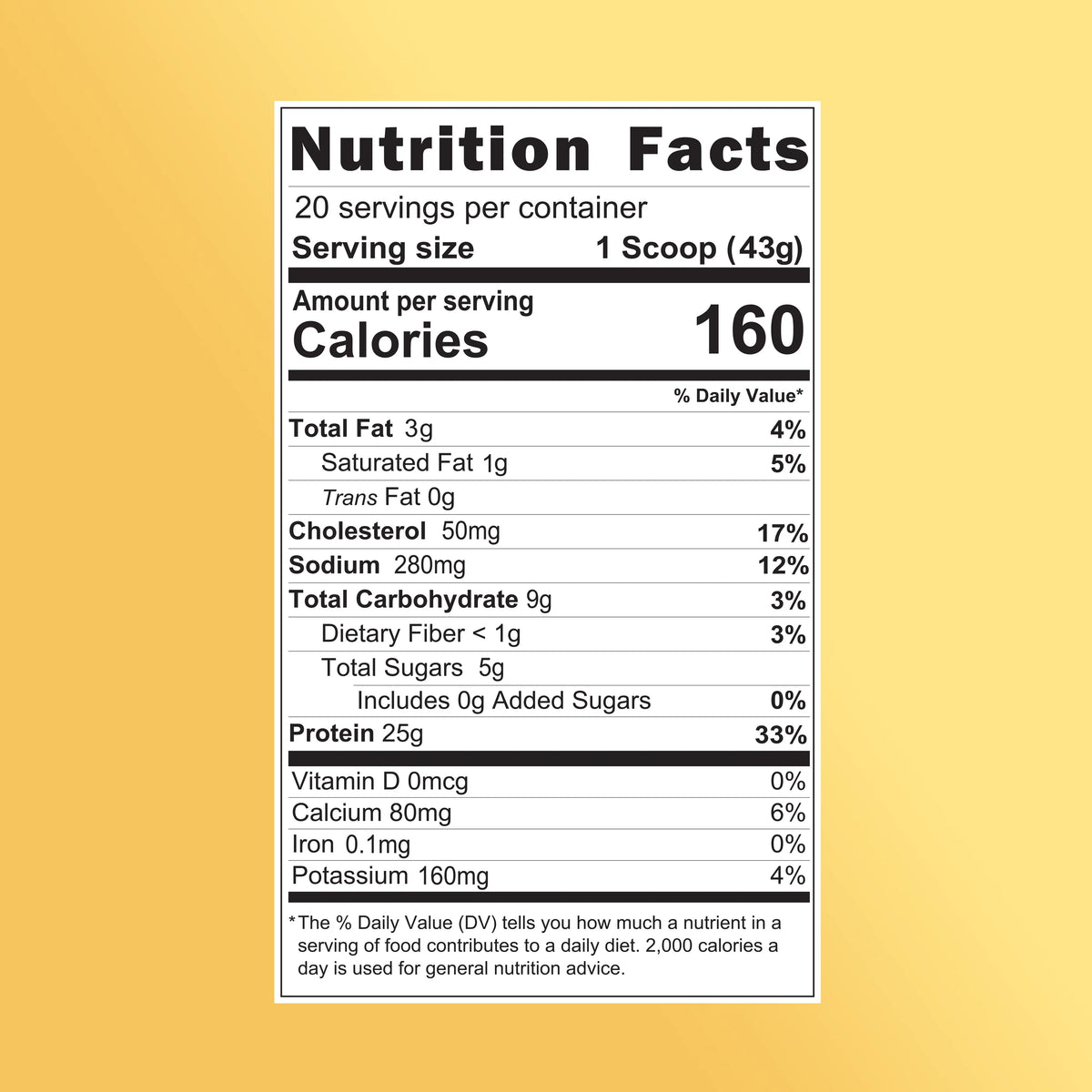 Nutrition facts for Shop FlavCity Vanilla Cream Protein Smoothie: 1 scoop (43g) per serving, 160 calories, 3g fat, 17g carbs, 25g protein, plus cholesterol, sodium, calcium, iron, potassium, and vitamins. Yellow background label.