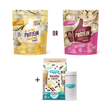 Shop FlavCity’s Vanilla Dreams Bundle features Vanilla Cream and Vanilla Latte protein powders, an instant latte mix, a white shaker bottle, and a sleek travel tumbler for convenient on-the-go enjoyment.