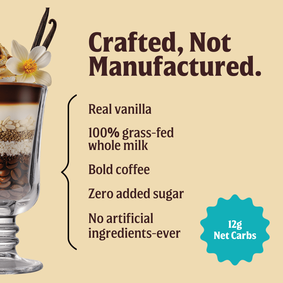 A layered parfait in a glass with vanilla flowers, pods, granola, and coffee beans featuring FlavCity Cafe Vanilla Latte—made with real coffee, grass-fed whole milk, real vanilla, no added sugar or artificial ingredients, and 12g net carbs.
