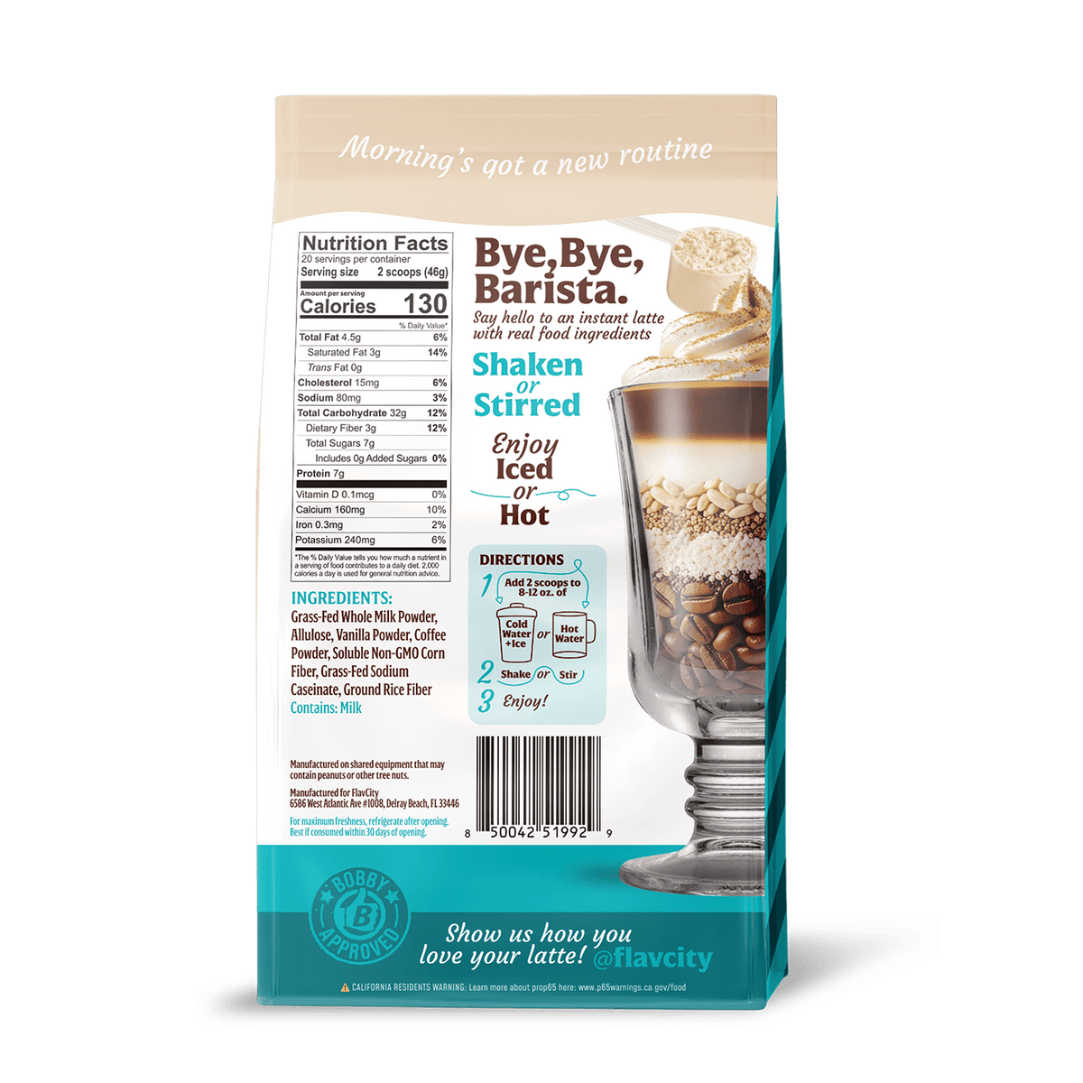 Back of a Flavacity Cafe Vanilla Latte package with nutritional information, ingredients, and usage instructions.