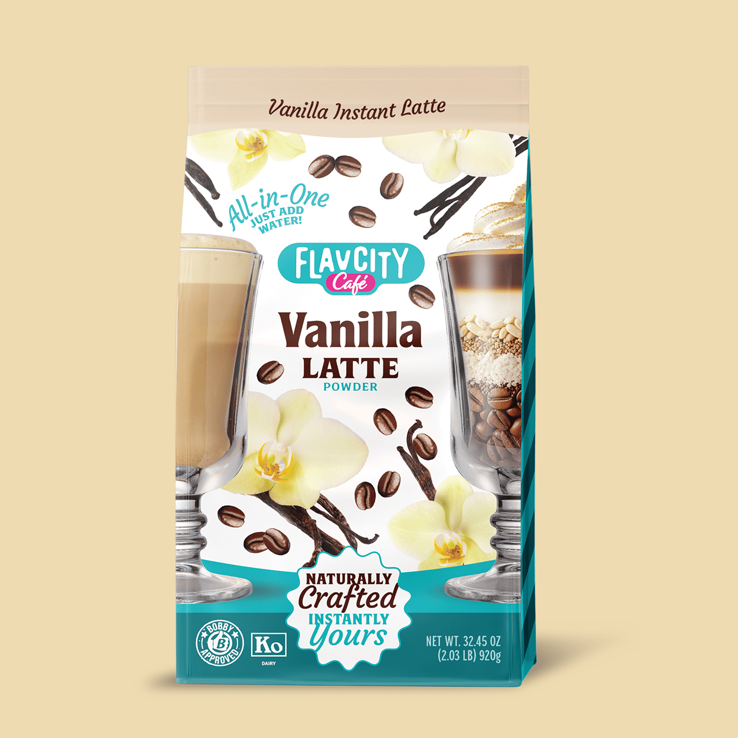 Flavacity Cafe Vanilla Latte powder packaging on a white background