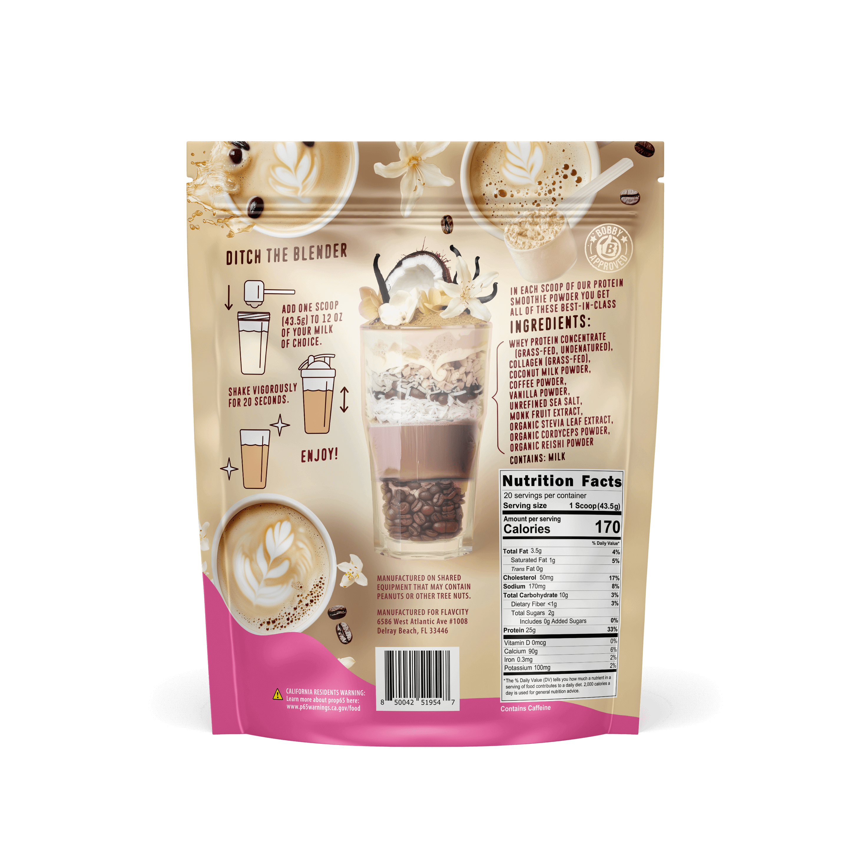 FlavCity Butter Coffee Protein Smoothie - 25g Protein, 10g Collagen, 87mg Caffeine - Coffee