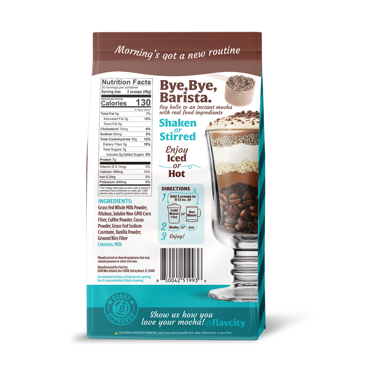 Back of Flavcity Cafe Chocolate Chunk Mocha  product packaging with text and graphics on a white background