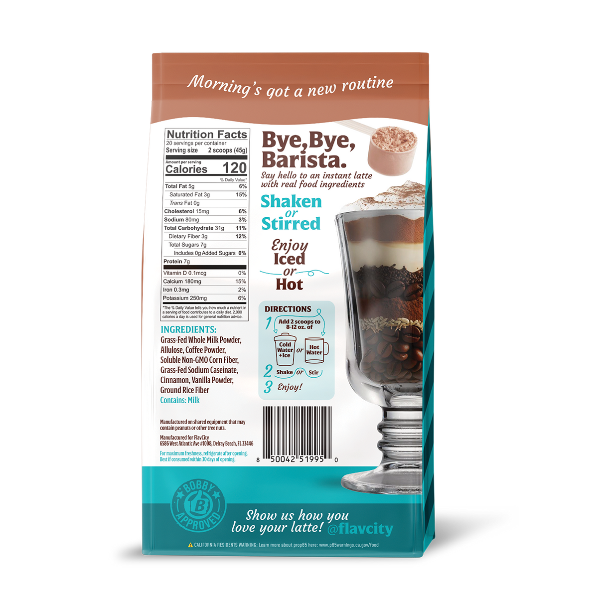 FlavCity Cinnamon Dolce Latte back of bag with text and images of a latte, nutrition facts, and ingredients.