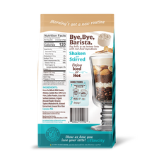 Back of FlavCity Cafe Sweet Almond Drop  Latte product packaging with text and images on a white background