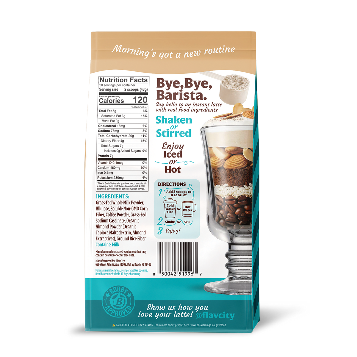 Back of FlavCity Cafe Sweet Almond Drop  Latte product packaging with text and images on a white background